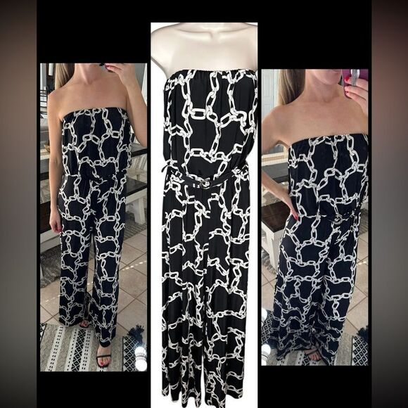 Ariella Clothing Women’s Black Chain Print Strapless Wide Leg Stretchy Jumpsuit - Picture 4 of 11